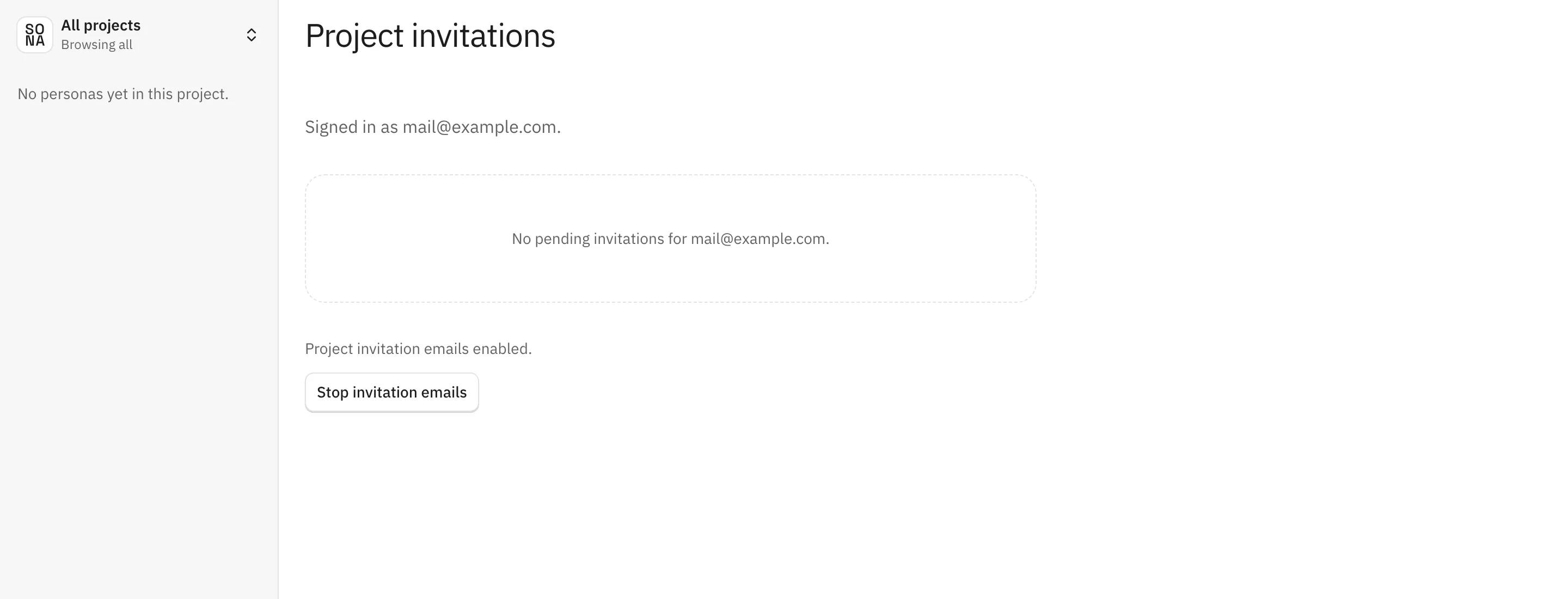 The project invitations page inside the app, with the sidebar on the left