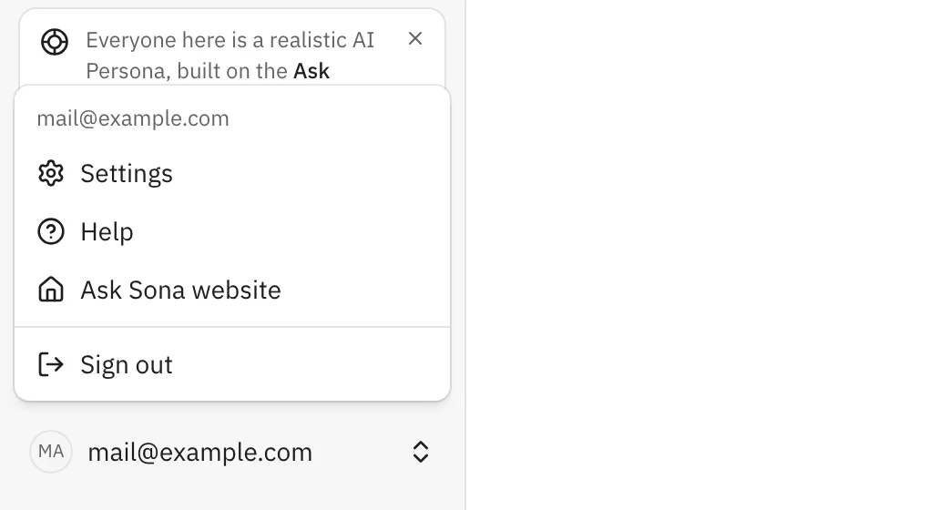 The account menu in the app with the new Ask Sona website item