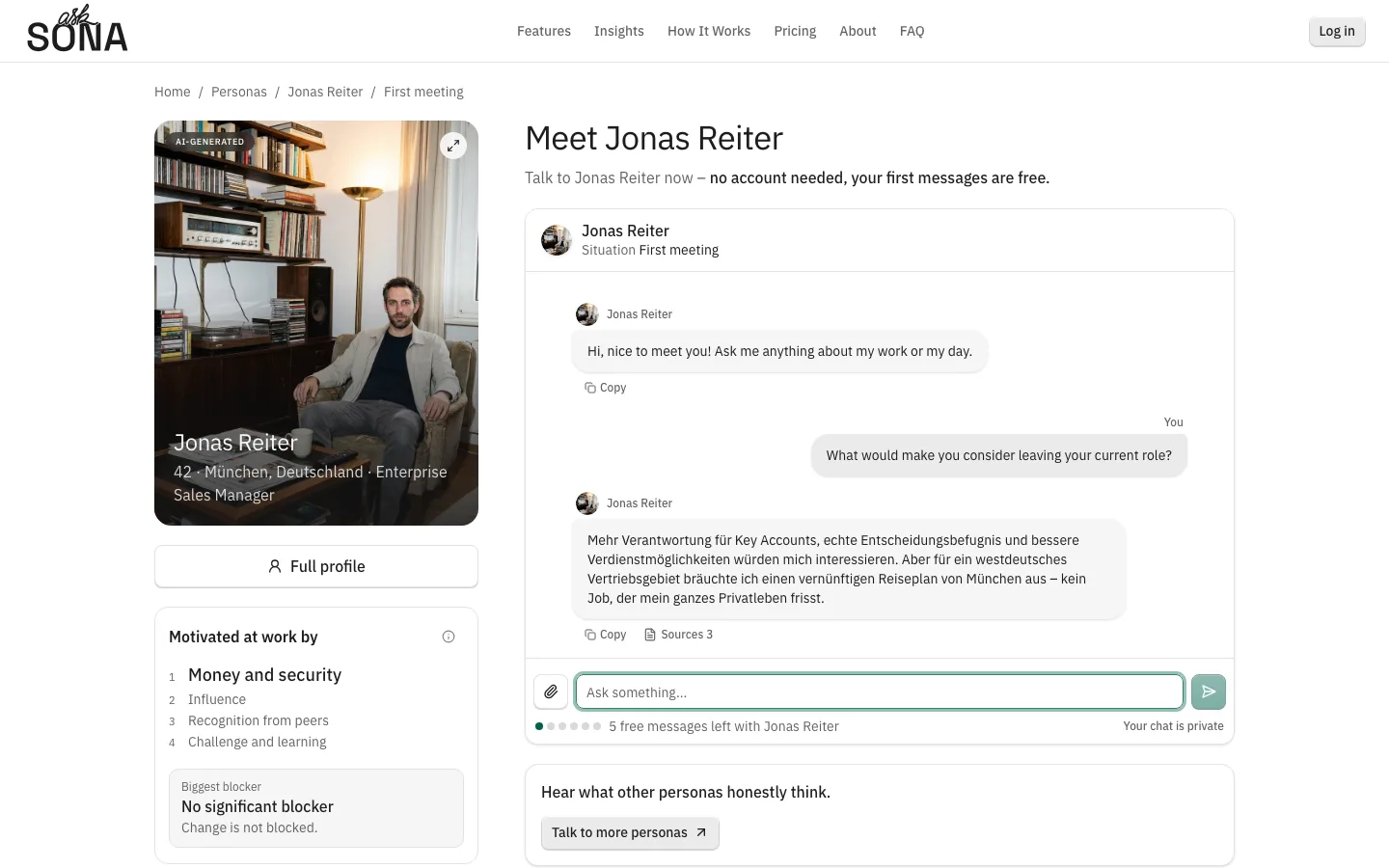 A public persona page with the conversation beside the portrait and the Full profile button