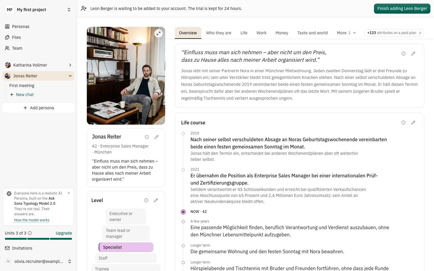 The persona profile with the persona column on the left and the tabs beside it