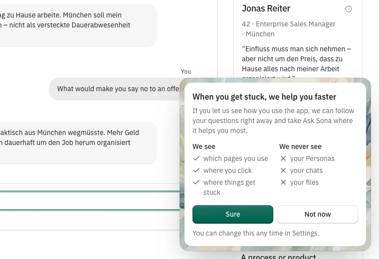 The analytics consent card listing what we see and what we never see