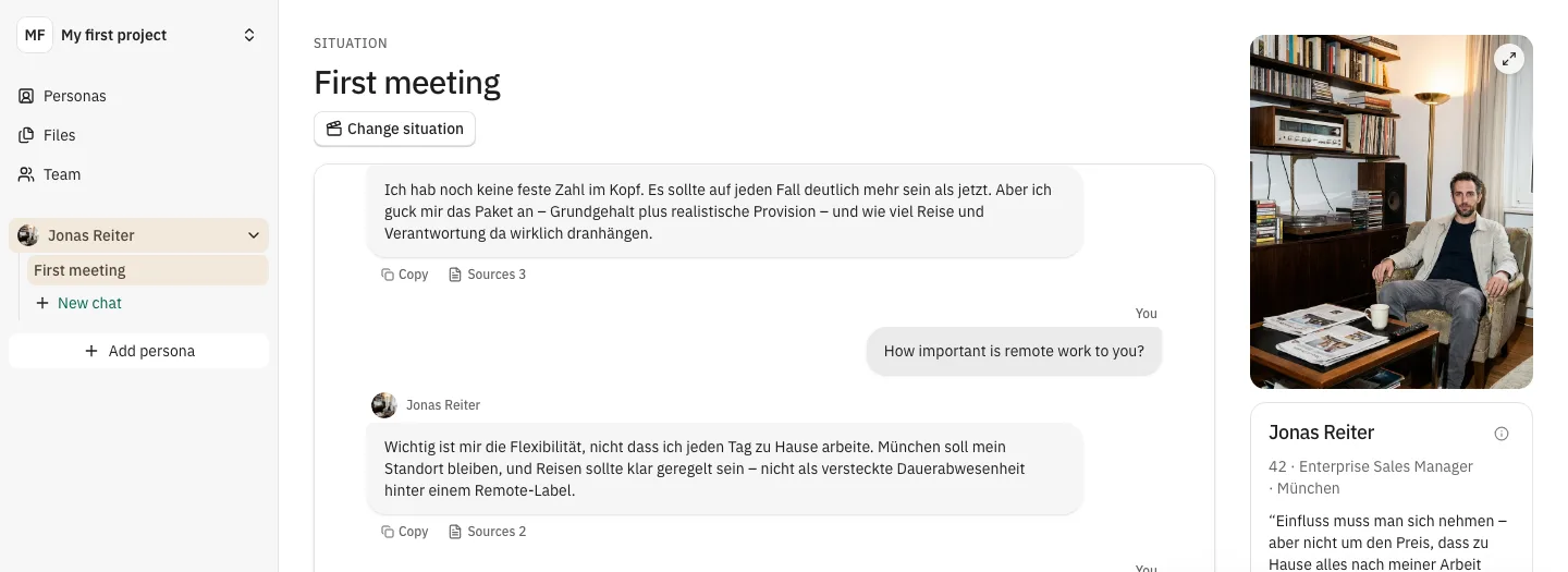 A chat on its own page: the situation at the top, the conversation in the middle, the persona column on the right